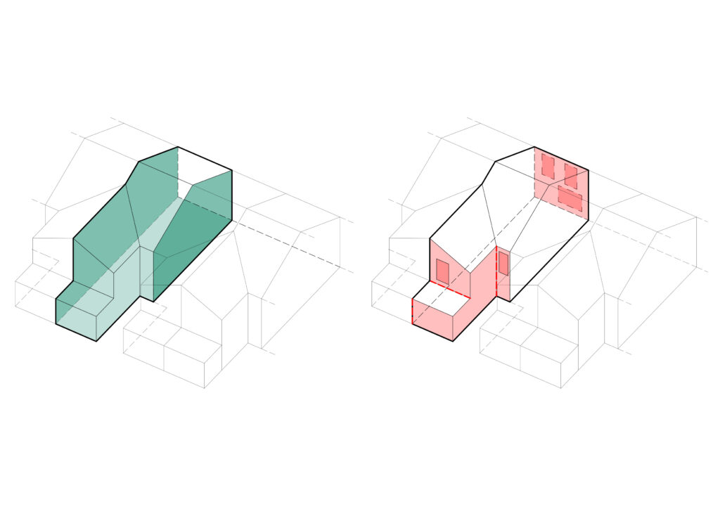 Diagram of terrace housing highlighting ‘easy-wins’ and more difficult areas to retrofit.